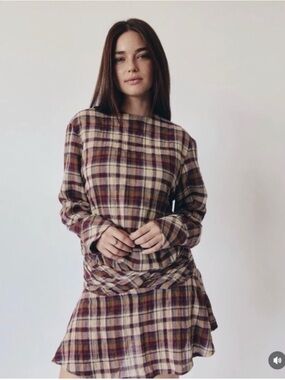ZARA Plaid Mini Dress Ecru/Maroon Size L